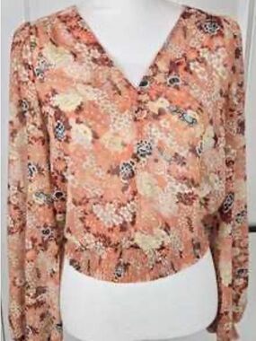 Women's Peach Floral V-Neck Blouse - Lightweight Long Sleeve Top